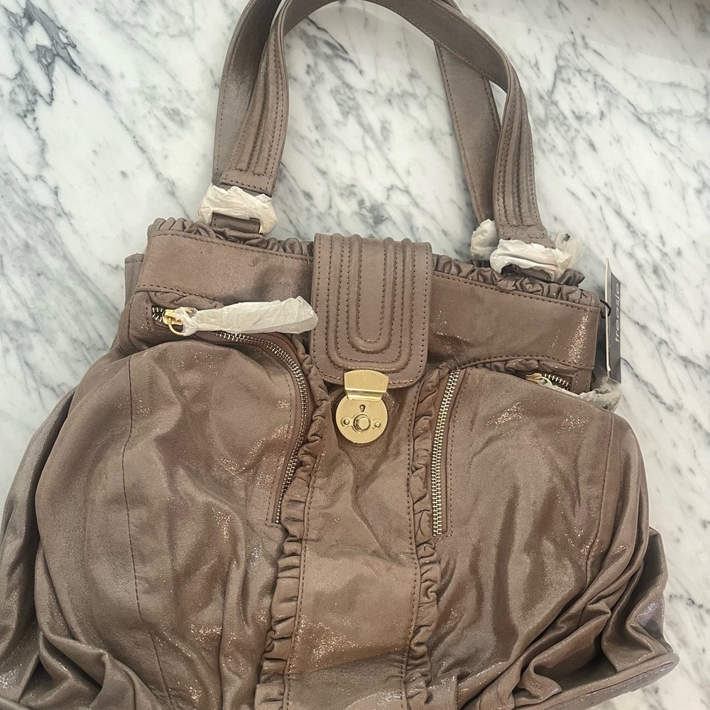 NWT Treesje Metallic Taupe Gray Leather Handbag - Picture 2 of 5
